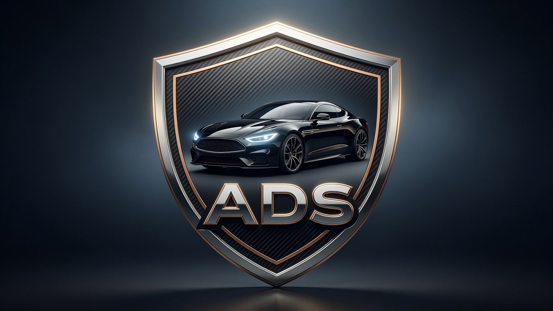 Эмблема AvtoDomSamara — хромированный щит, спортивный автомобиль и буквы ADS